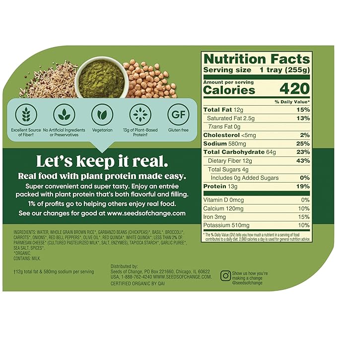 SEEDS OF CHANGE Organic High Protein Bowl Garden Pesto, Prepared Entrée, Microwave in 90 Seconds, 9 oz (Pack of 6)