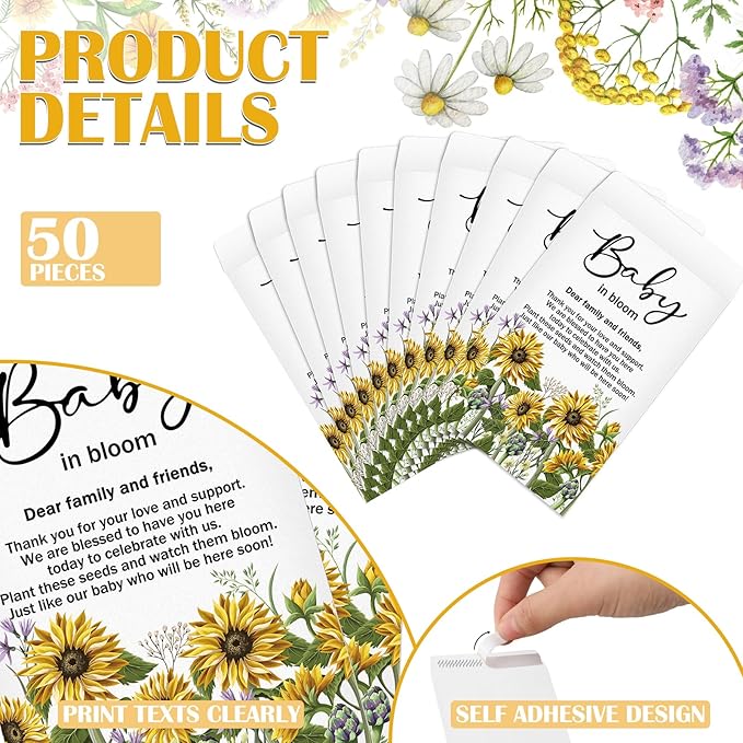 Fumete 50 Pcs Baby Shower Seed Packet Self Adhesive Kraft Envelopes Baby in Bloom Seed Storage Packets Mini Kraft Retro Paper Organizer for Gender Reveal Party, No Seeds(Sunflower)
