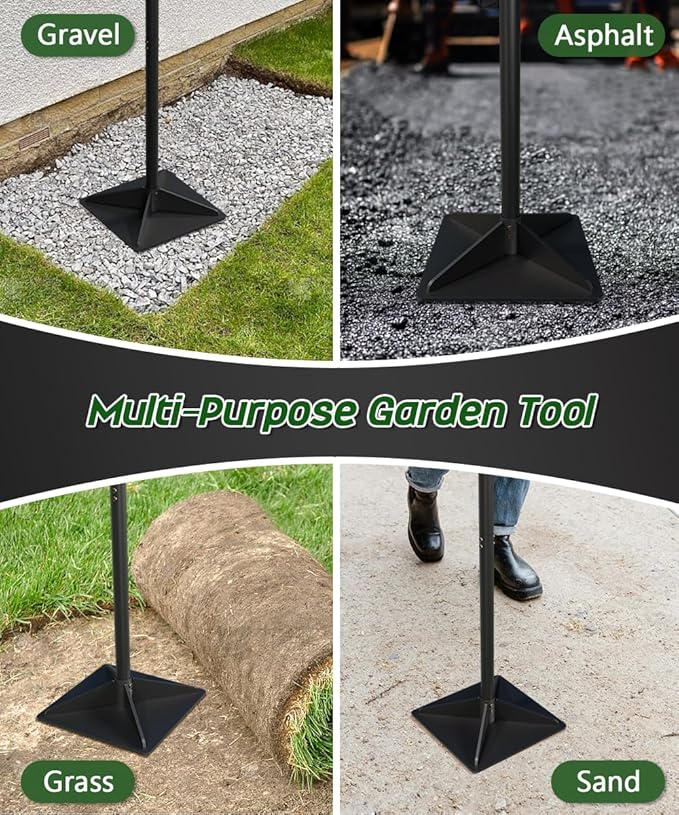 Thickened Garden Steel Tamper with 47 inch Adjustable Handle & Rubber Grip, 8"x8" Heavy Duty Soil Tamper Tool for Ground & Gravel Leveling, Steel Dirt Compactor for Yard, Sand, Driveway