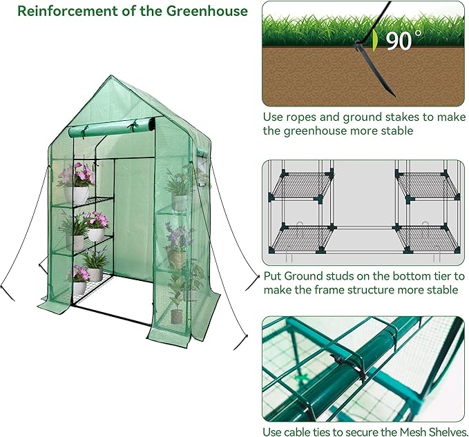 Heyfurni Walk in Greenhouse with Shelves,Walk-in Plant Green House with Durable Green PE Cover, 3 Tiers 6 Shelves Stands with Ground Pegs & Ropes for Stability, 56"x28"x76"