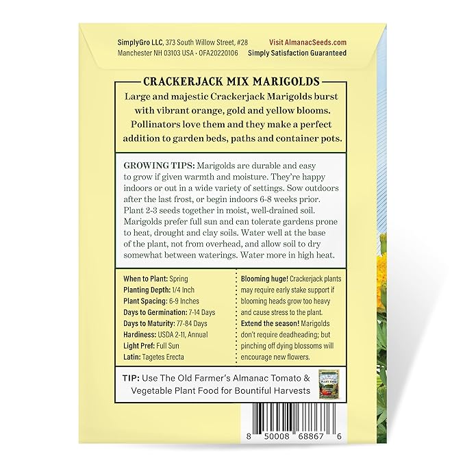 The Old Farmer's Almanac Marigold Seeds (Crackerjack Mix) - Approx 400 Flower Seeds - Premium Non-GMO, Open Pollinated