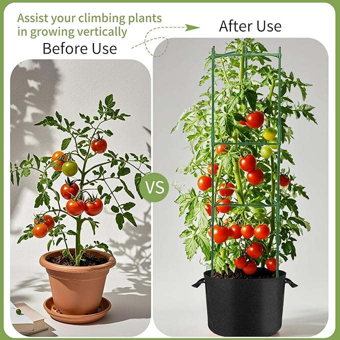 Tomato Cages with 10 Gallon Grow Bags for Garden, 3 Packs Up to 50” Height Heavy-Duty Steel Tomato Trellis, Adjustable Plant Stakes Support with Plant Clips, Garden Trellis for Climbing Vegetable