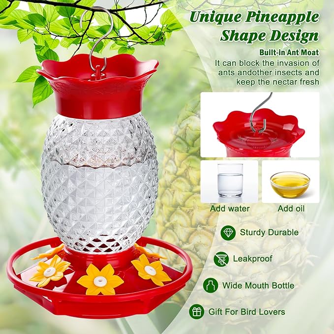 Fchstaer Glass Hummingbird Feeders for Outdoors Hanging Ant and Bee Proof 16OZ 2 Pack Clear Pineapple Humming Bird Feeder with 6 Feeding Ports and Ant Moat Hummingbird Gifts for Women Garden Decor