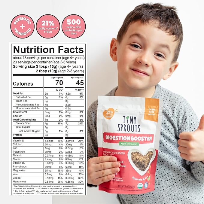 Tiny Sprouts Organic Milled Flaxseeds, Chia Seeds & Hemp Hearts + Probiotics + Vitamin D3 | Superfood Nutrition Booster Trio for Brain, Gut & Body Health for Picky Kids | Omega-3, Protein, Fiber, Iron, Calcium, Zinc | Gluten-Free, Plant-Based Superseed...