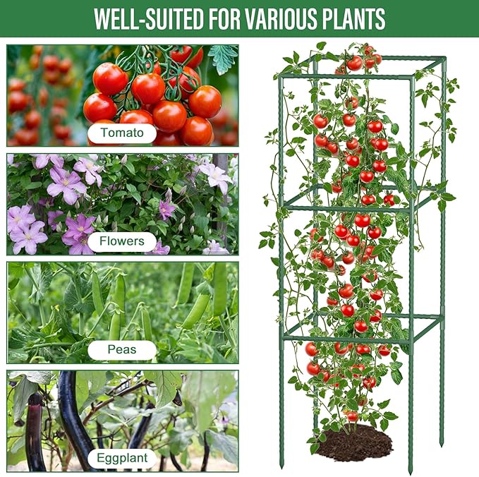 3 Pack Tomato Cages with Clips & Garden Wire, Outdoor Heavy Duty Steel Square Tomato Plant Support Stakes Garden Trellis for Climbing Plants Vegetables Flowers Fruits (41.5 Inch)
