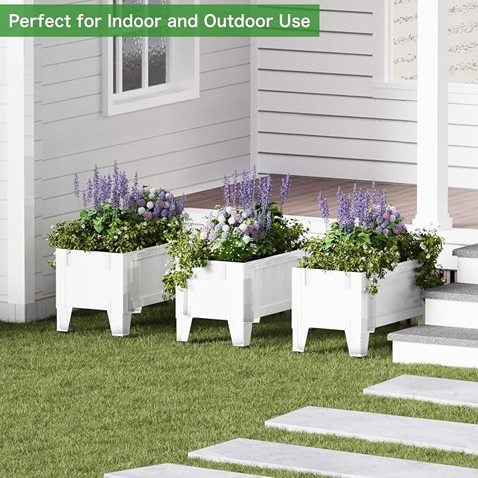 Raised Garden Bed with Detachable Legs Elevated Metal Planter Box for Growing Fresh Herbs Vegetables Flowers Succulents&Other Plants for Outdoor Backyard Patio (White - Low Height)