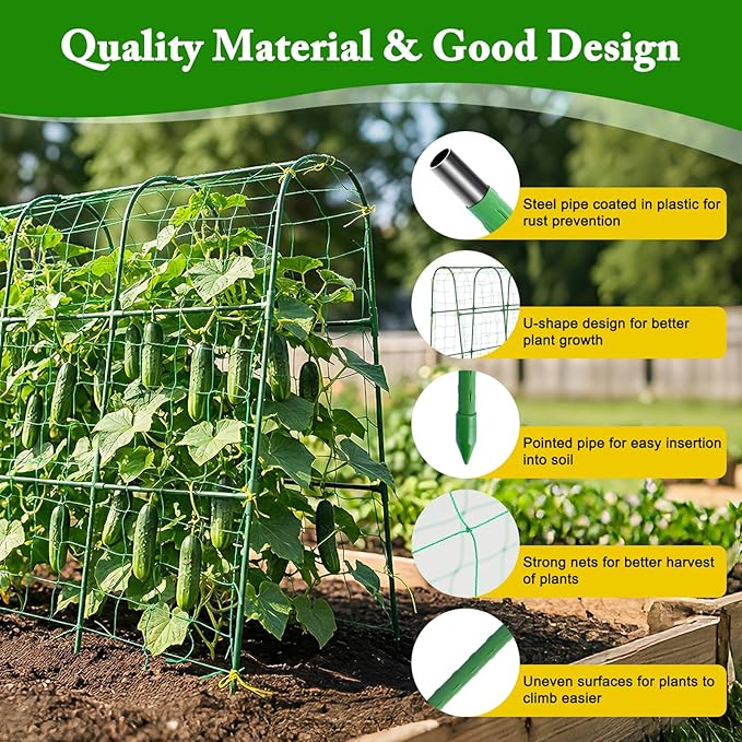 Cucumber Trellis for Climbing Plants Outdoors, U-Shape Garden Trellis for Raised Bed with Netting, Plant Support Structures for Vegetables, Grape, Bean, Tomato, Vines, 48 * 46 inch, Green