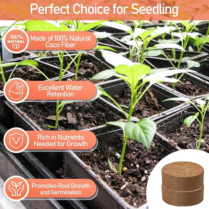 Legigo 100 Pcs 40mm Coco Coir Pellets Seed Starter Soil Mix- Organic Coconut Coir Potting Soil Pods for Seedling, Coco Peat Soil Discs for Indoor & Outdoor Plants Bonsai Herbs Vegetables and Flowers