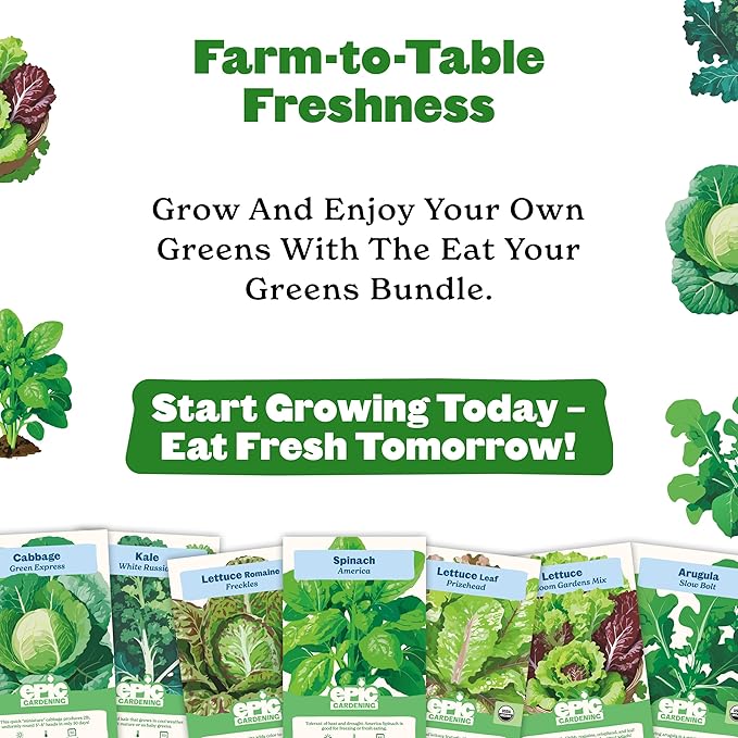 Epic Gardening Eat Your Greens Seed Kit - 7 Heirloom & Non-GMO Varieties, Includes Kale, Spinach, Arugula & Romaine Lettuce, Grow Fresh Greens for Salads, Smoothies, Healthy Meals, Ideal for Beginners