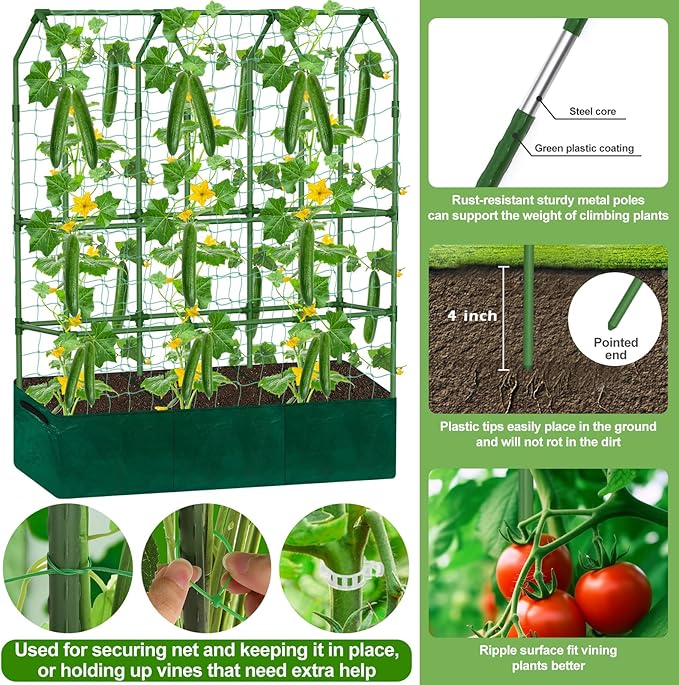 A-Frame Cucumber Trellis - 65 in (H) X 50 in (L) Supports Climbing Plants with Rectangle Raised Bed, Durable Garden Trellis for Outdoor Supporting Cucumbers Peas Vines, Includes Clips & Netting
