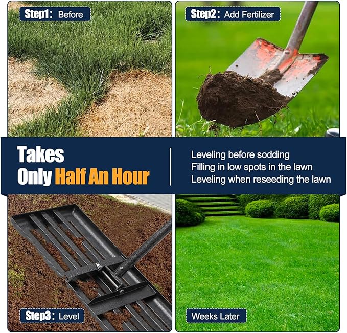 Lawn Leveling Rake 30"x10" for Lawn Care - 72" Extendable Stainless Steel Handle with Ergonomic Grip | Professional Grass Leveling Tool for Golf Courses, Soccer Fields, Backyard Turf Maintenance
