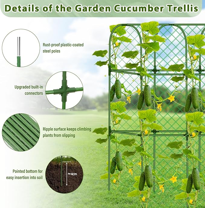 Cucumber Trellis for Garden, Upgrade U-Shaped Metal Garden Trellis Plant Grow Support Frame for Climbing Plants Vegetable Flower Fruits Vine Raised Bed with Netting, Instruction, Garden Tools, Green