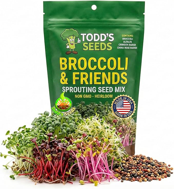 Todd's Seeds Broccoli and Friends Sprouting Seed Mix: Broccoli, Crimson Clover, Red Radish, Alfalfa, Non-GMO, Chemical Free, High Germination (1/2 Pound)