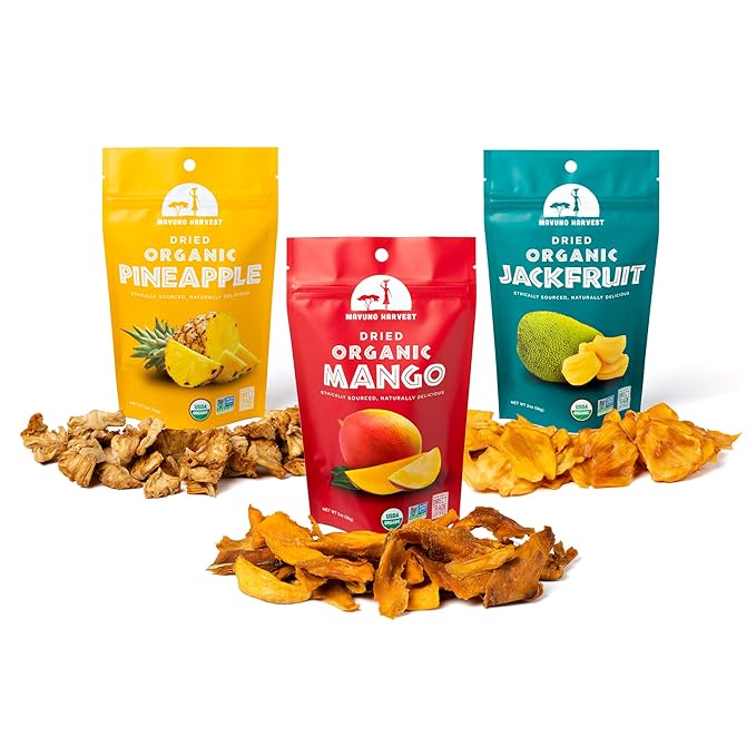 Mavuno Harvest Organic Dried Fruit Variety Pack | Dried Mango, Pineapple, and Jackfruit | Healthy, Vegan, No Sugar Added, Non GMO Snacks for Kids & Adults | 2 Ounce, Pack of 6
