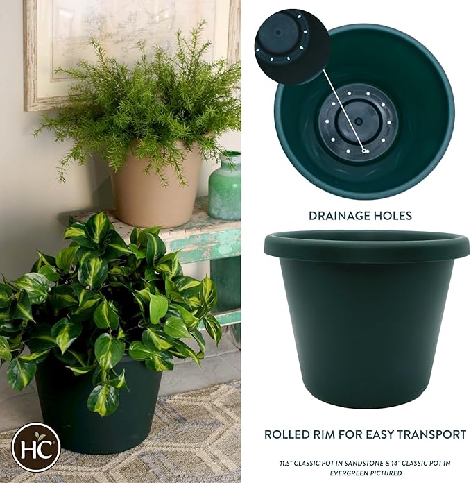 The HC Companies Classic Round Plastic Plant Pot w/Rolled Rim - Lightweight & UV Resistant Flower Pot for Herbs & More - Outdoor & Indoor Plant Pots w/Drainage (14 inch Evergreen, Pack of 1)
