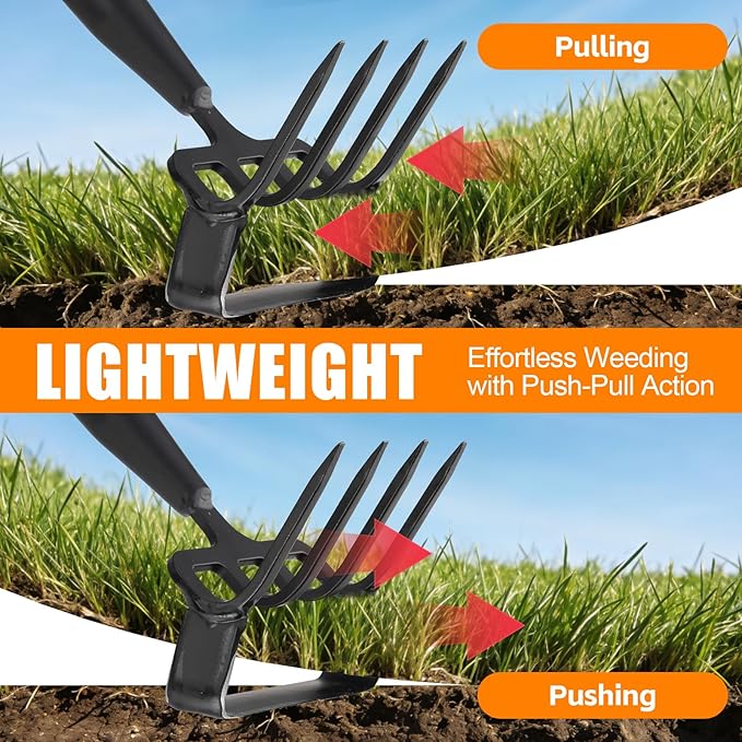 Garden Hoe, 62 Inch Weed Tool, Long Soil Tiller Cultivator, Heavy Duty Metal Stirrup Hoe Weeder Scraper Rake for Flower Beds, Patio, Garden Loosening Soil Weeding Digging