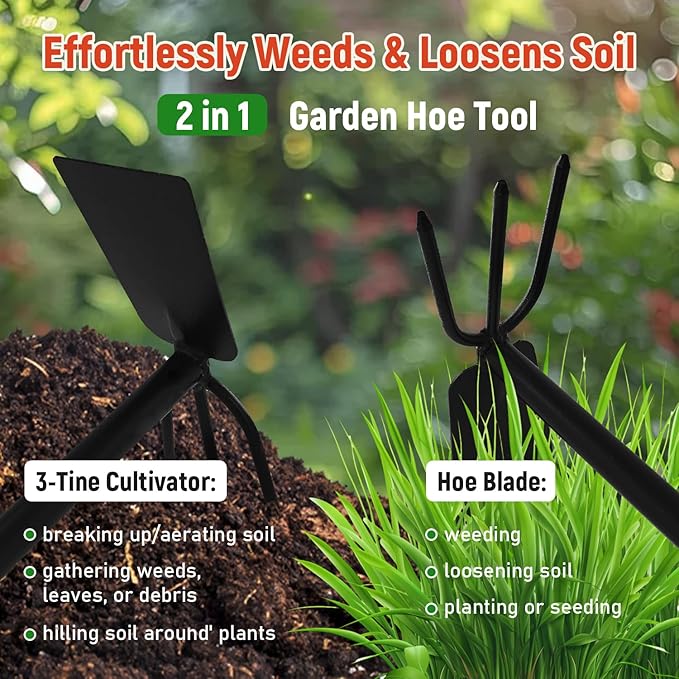 FR Hand Hoe and Cultivator Tool – 2-in-1 Garden Weeder Rake with Ergonomic Grip – Manual Soil Loosener for Tight Spaces, Pots & Vegetable Gardens