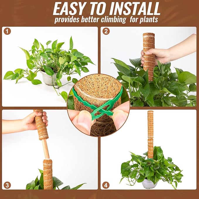 6-Piece 12-Inch Totem Poles with 12 Adjustable Plant Twist Ties - Coir Moss Stick for Creepers, Climbing Plants