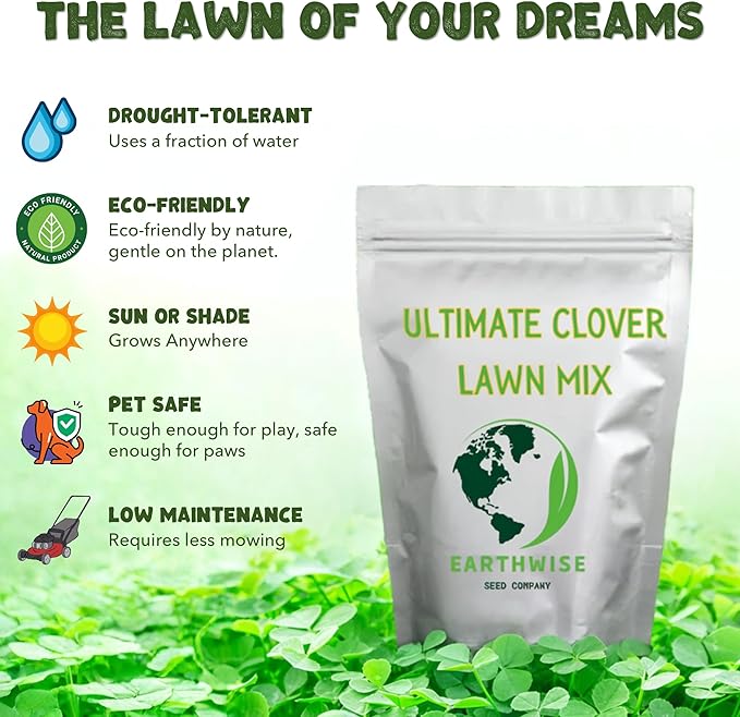 Earthwise 1 lb Ultimate Clover Lawn Mix – Low-Maintenance, Soil-Enhancing, Pollinator-Friendly Seed – Covers 500 sq. ft.