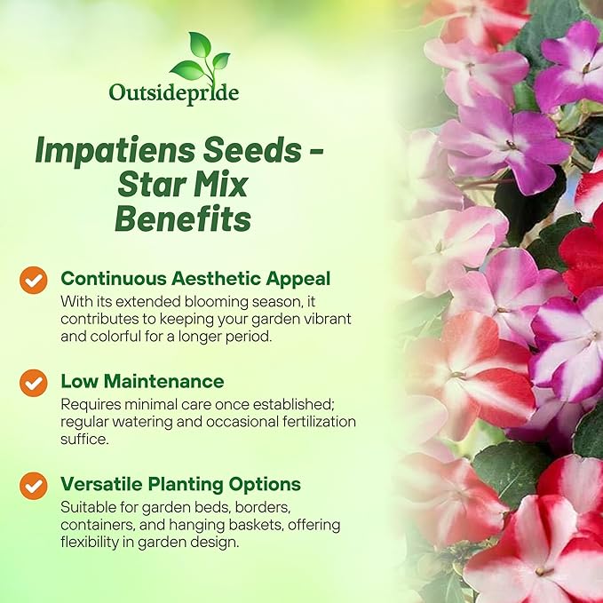 Outsidepride Accent Star Mix Impatiens Flower Seeds - 200 Pcs Annual, Compact & Pollinator Friendly, Impatiens Seeds for Planting w/Vibrant, Abundant Blooms for Shade Gardens & Container Displays