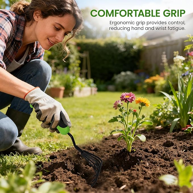 Garden Guru Hand Rake Cultivator Claw Soil Tiller with Ergonomic Handle - Military Grade Steel & Rust Resistant - 5 Tine Japanese Ninja Claw - Perfect Pulverized and Aerated Soil (4 Pack)