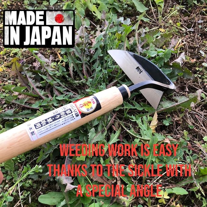 HONEN Japanese Nejiri Kama Weeding Sickle, Sharp Composite Steel Hand Weeder for Precise Weed Removal in Tight Spaces, Wood Handle, Made in Japan