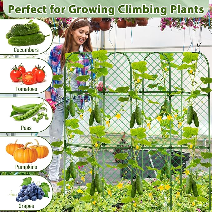 Cucumber Trellis for Garden, Upgrade U-Shaped Metal Garden Trellis Plant Grow Support Frame for Climbing Plants Vegetable Flower Fruits Vine Raised Bed with Netting, Instruction, Garden Tools, Green