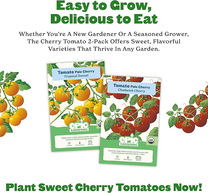 Epic Gardening Cherry Tomato Seed Bundle - 2 Sweet & Juicy Varieties, Includes Tropical Sunset & Chadwick Cherry, Perfect for Salads, Snacking & Sauces, Easy-to-Grow Non-GMO Seeds