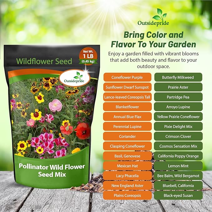 Outsidepride Pollinator Wildflower Seed Mix - 1 lb Flower Seeds for Attracting Pollinators, Ideal for All States, Enhances Garden Biodiversity, Supports Bees, Butterflies & Beneficial Insects
