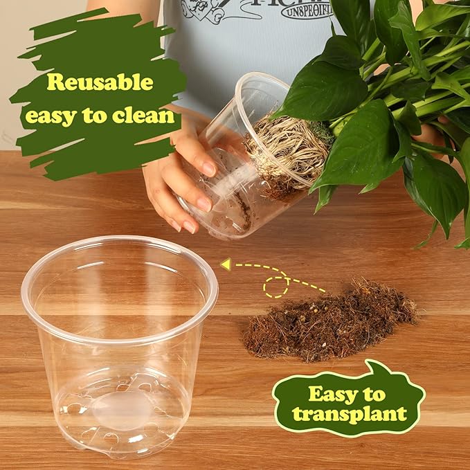 RAOOKIF 25 Pack 5 Inch Clear Nursery Pots with Drainage Holes, Flexible Plastic Nursery Pots for Plants, Durable Garden Flower Pot, Seed Starter Pots