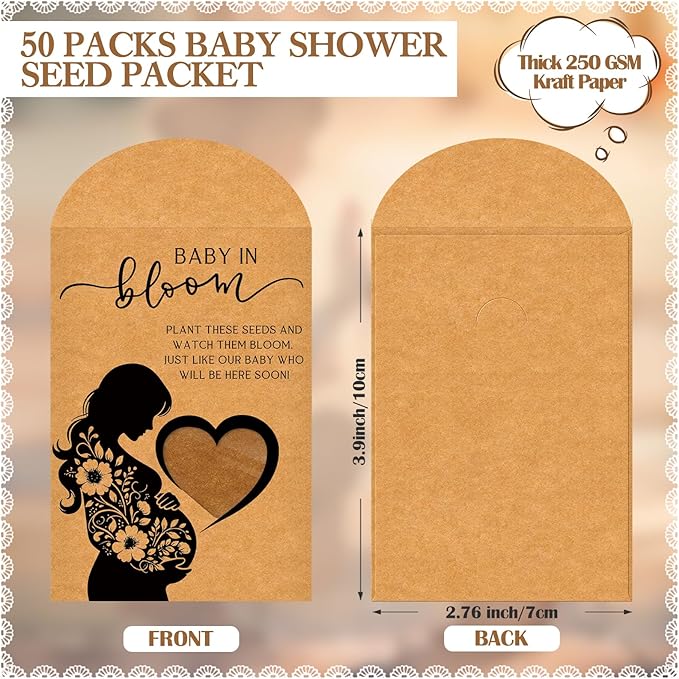 Fumete 50 Pack Baby in Bloom Seed Packets Baby Shower Party Favor for Guest Envelopes Kraft with Clear Window Resealable Seed Organizer Storage Bag for Gender Reveal Party, No Seeds(Mom Flower)