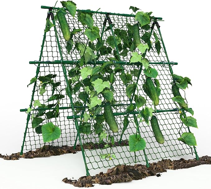 Garden Trellis for Climbing Plants, 4x4 ft Metal A-Frame with Support Netting, Outdoor Vegetable Trellis for Tomatoes Cucumbers Peas Beans Grape Vines, Fits Raised Beds, Green