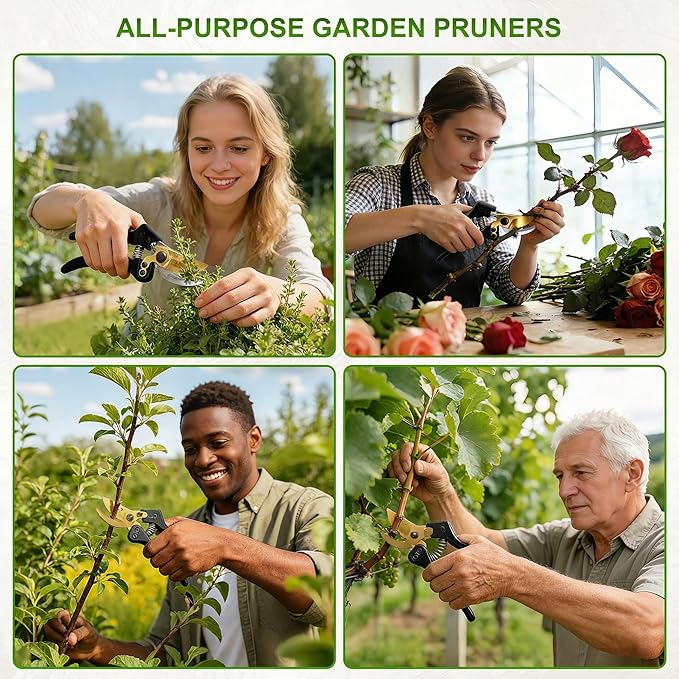 Pruning Shears, Sharp SK5 Steel Garden Clippers with Teflon Coated Blade, Clean Precision Cut, Ergonomic Non-Slip Grip, Easy-Control Hand Pruners for Roses, Shrubs & Plants