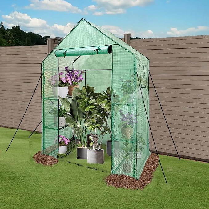 Heyfurni Walk in Greenhouse with Shelves,Walk-in Plant Green House with Durable Green PE Cover, 3 Tiers 6 Shelves Stands with Ground Pegs & Ropes for Stability, 56"x28"x76"