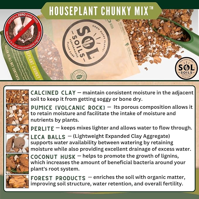 Sol Soils Chunky Houseplant Mix - Fast Draining Soil for Indoor Plants with Coco Coir Chips, Perlite, & Pumice - 1 Quart