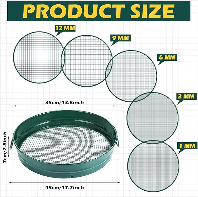 14.57'' Large Soil Sifter for Gardening with 1, 3, 6, 9, 12 mm Sieve Mesh Compost Dirt Sifter with Handle Garden Sand Soil Rock Sieve for Dirt Sand Rocks Pellet Gravel(Green)