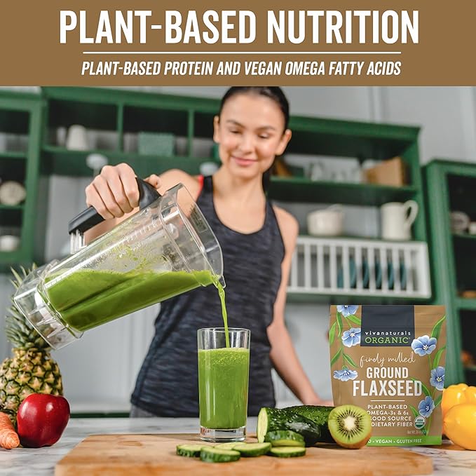 Viva Naturals Organic Ground Flaxseed, 30 oz (850 g) – Plant-Based Protein, Vegan Omega-3 & Fiber, Finely Milled Flax Seeds, Perfect for Smoothies & Baking