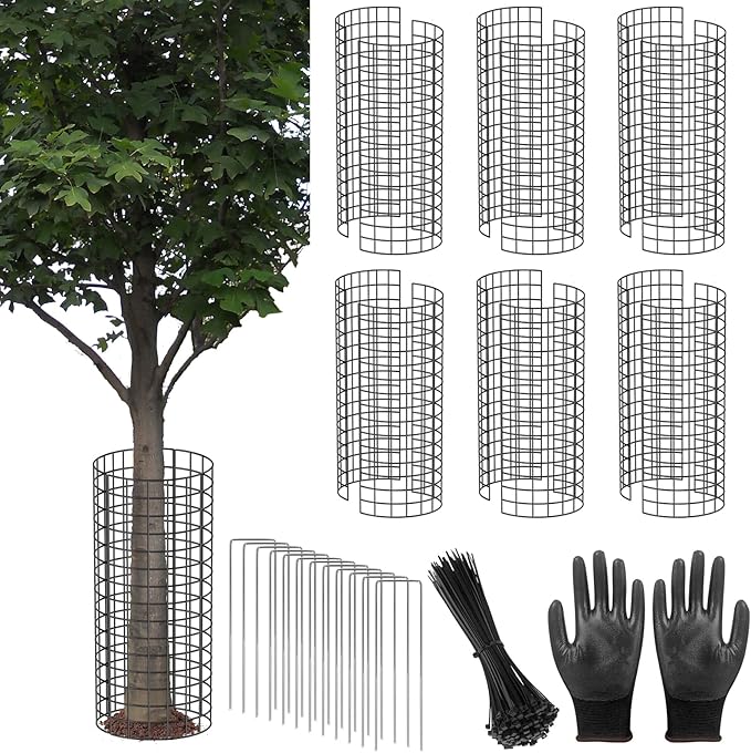 UQM Tree Trunk Protector, 12 Pcs Metal Tree Guards Trunk Protector with Glove & Metal Stakes & Zip Ties, 6 Pack Mesh Tree Bark Protector, Plant Protectors from Deer Animals Mowers Trimmers