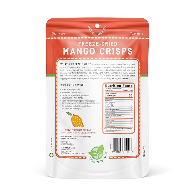 Nature’s Turn Freeze-Dried Mango Crisps – Healthy, Gluten-Free, Crispy & Delicious, Plant-Based Snack, Ideal for Cereal, Smoothies, School Lunches, & On-the-Go, Bags of 6 (0.53 oz Each)