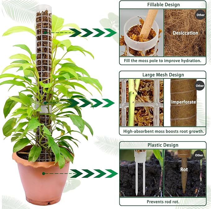 Small Moss Pole for Monstera - Stackable & Refillable Plastic Moss Poles for Climbing Plants with Large Mesh Design (4Pack-White-Small)