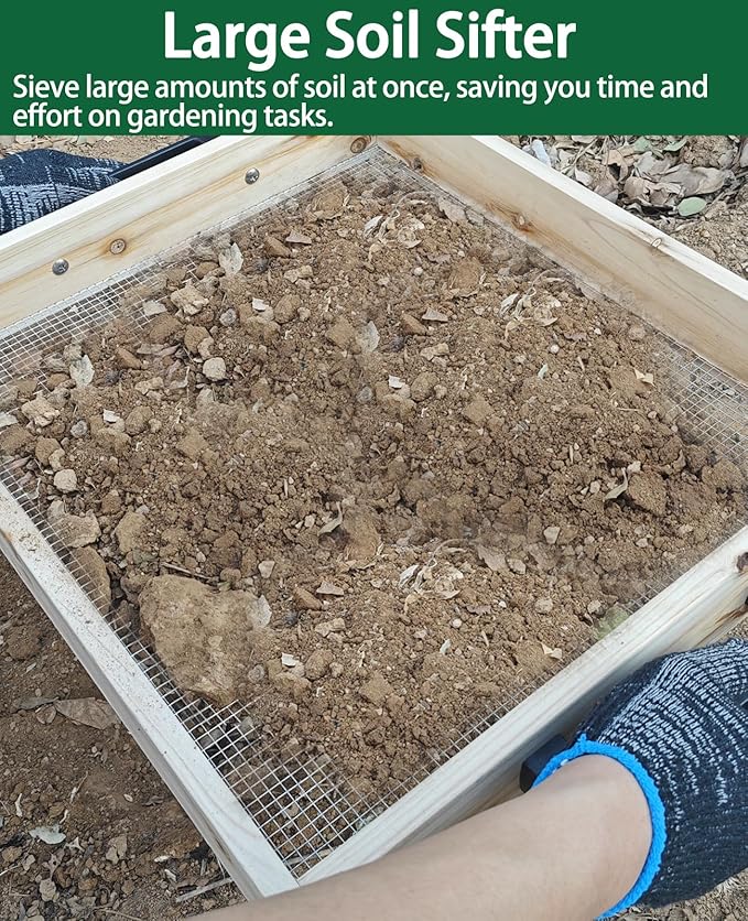 19" x 16" Large Soil Sifter for Gardening, Wooden Compost Sifter, Dirt Sifter, Rock Sifter, Soil Sieve with 1/4in Sifting Screen, Sifting Peat Moss Gravel for Wheelbarrow Trowel Tool Set
