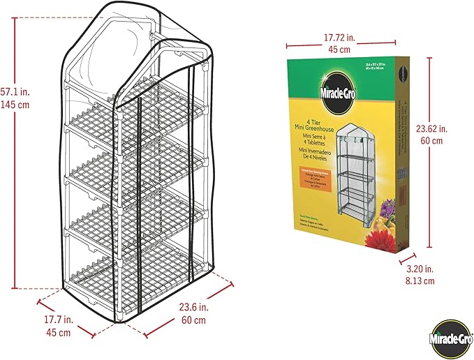 Miracle-Gro 23" x 17" x 57" 4-Tier Indoor/Outdoor Mini Greenhouse Plant Tent, All-Season Compact Plant Growth Accelerator with PVC Cover and Roll-Up Zipper Door, Clear