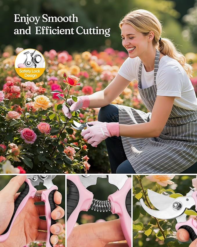 12-Piece Womens Gardening Tools Gift Set, Rust-Proof & Heavy-Duty Garden Tools with Durable Carrying Case, Fashionable & Thoughtful Gardening Gifts for Women&Men (Pink-Silver)