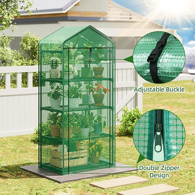 Superlele 4-Tier Mini Greenhouse for Indoor Outdoor, 19.3x27.2x62in Vertical Plant Green House with Adjustable Shelves, Reinforced Green PE Mesh Cover and Zippered Door, Heavy Duty Steel Frame