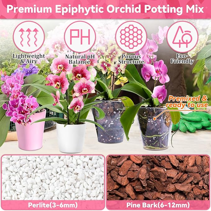 Riare 2QT Orchid Potting Mix, Natural Orchid Bark Potting Mix Soil Medium with Pine Bark and Perlite, Premium Orchid Repotting Kit for Phalaenopsis Dendrobiums, Enhanced Drainage & Root Expansion