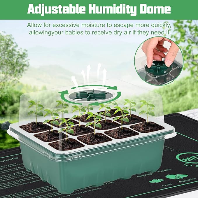 Sckee 6 Pack Seed Starter Tray with 10"x20.75" Seedling Heat Mat, Seed Starter Kit with Humidity Dome, Seed Starting Trays Plant Starter Kit and Base, Kit for Seeds Growing Starting