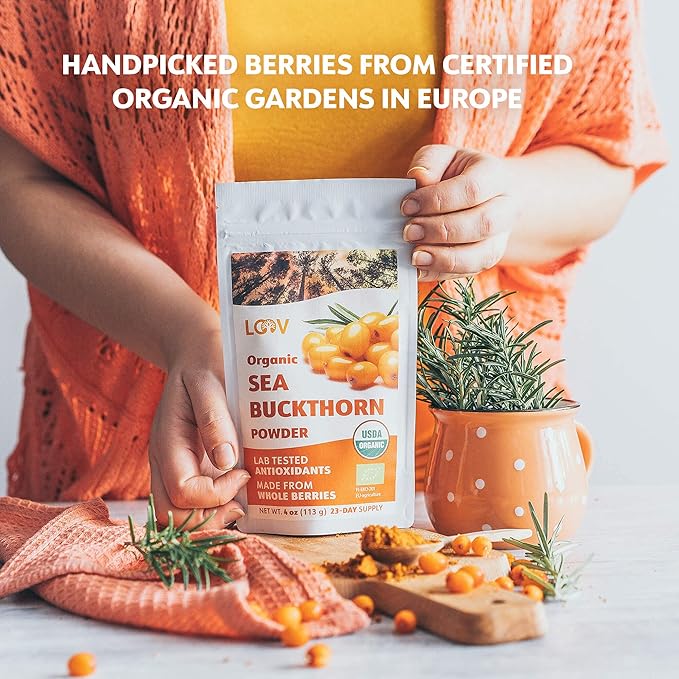 LOOV Organic Sea Buckthorn Berry Powder, High in Fiber, Omegas, Vitamin C, Vitamin E, Made from Whole Berries, 4 Oz, Grown in Nordic Climate, 23-Day Supply, No Added Sugar, Non-GMO