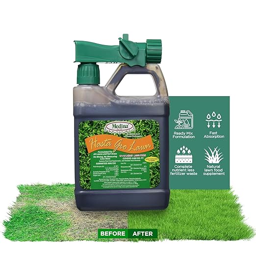 Medina HastaGro Liquid Lawn Fertilizer - 12-4-8 Liquid Fertilizer for Lawns, Ready to Spray Grass Fertilizer for Lawn Care, Lawn Food for Vibrant Green Lawns, 1 Qt - Treats Up to 4000 Sq Ft