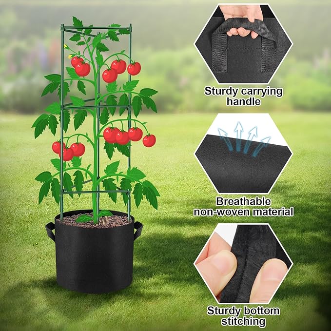 NNG 2 Packs 48 inches Tomato Cages with 10 Gallon Grow Bags,Garden Plant Support Cages,Plant Tower Stakes Garden Trellis for Climbing Plants,Tomato Plant Trellis for Vegetable Fruits Vines