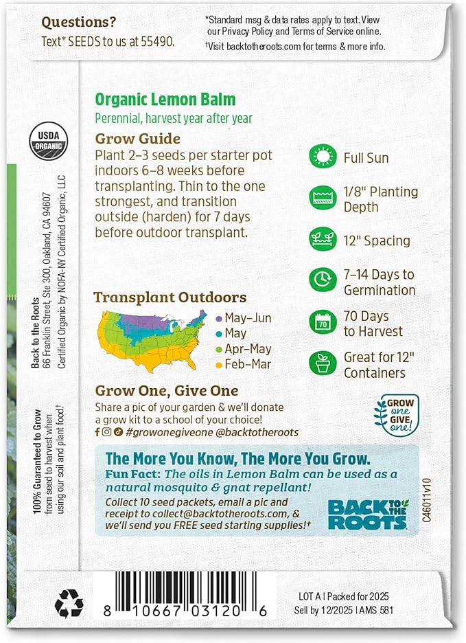Back to The Roots 100% Organic Heirloom Seeds - Lemon Balm 'Melissa Officinalis' Value Pack (280mg Total)